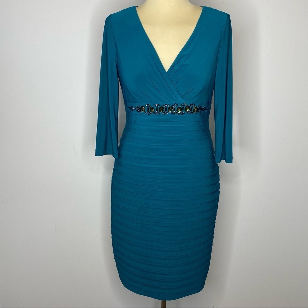 Adrianna Papell Teal Surplice Neckline Bandage Dress